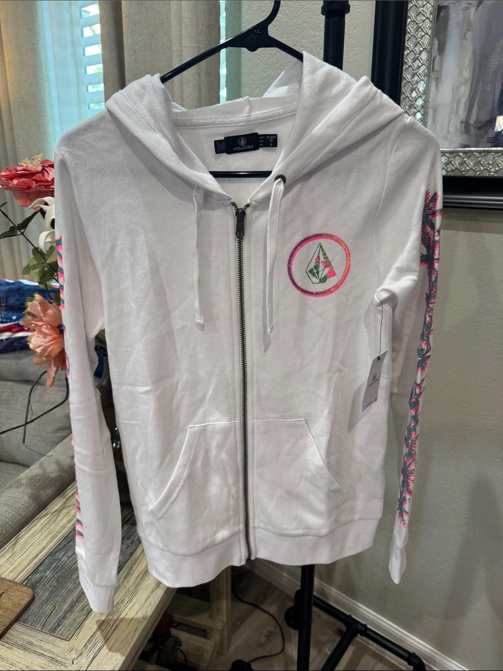 Volcom White Zip Hoodie with Pink and Green Accents